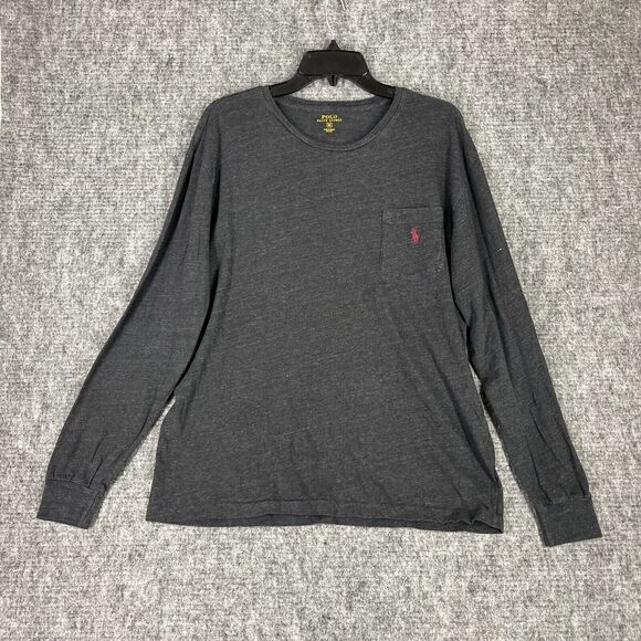 Polo Ralph Lauren Shirt Mens Medium Charcoal Gray‎ Textured Round Neck Pocket - Picture 1 of 7